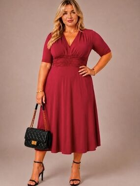 Evan-Picone | Elegant Y2K Modern Vintage Ruched Waist Red Midi Dress | Size 14